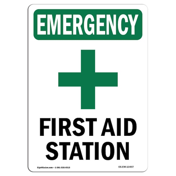 Safety Sign, OSHA EMERGENCY, 5" Height, First Aid Station, Portrait, 10PK